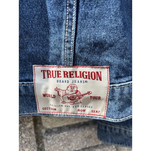 True Religion Sherpa Collar Denim Blizzard Wash  Western Trucker Jacket Large - Picture 5 of 8